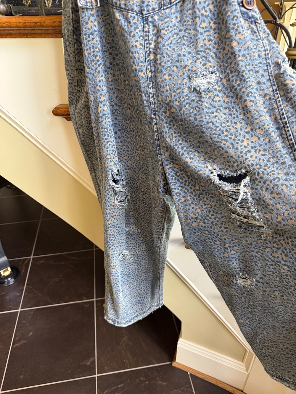 Easel Very Distressed Overall jumpsuit-jumper. Leopard blue jean.So cute. S EUC - Picture 5 of 8